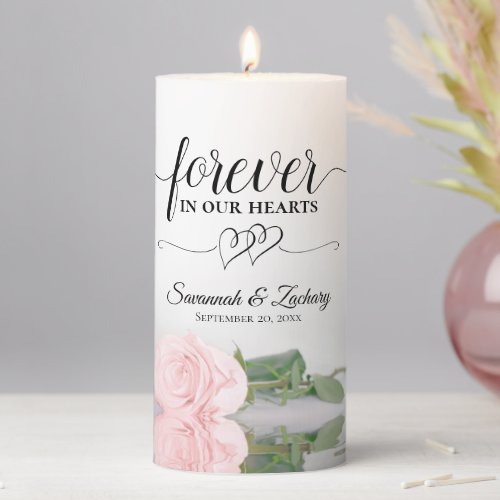 Pink Rose Forever in our Hearts Wedding Memorial Pillar Candle