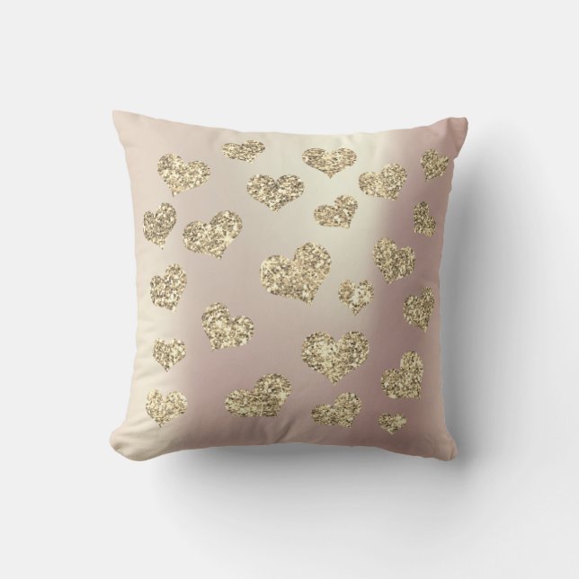 Pink Rose Foxier Gold Glitter Blush Heart Sparkly Throw Pillow (Front)