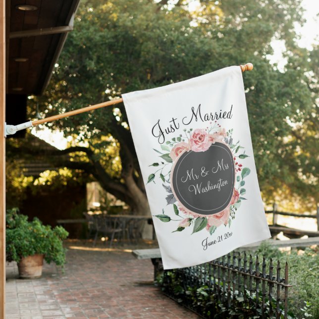 Pink Rose Frame Just Married Date Wedding  House Flag (In SItu)