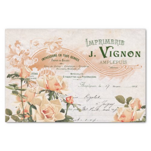Pink Rose French Script Vintage Invoice Decoupage  Tissue Paper