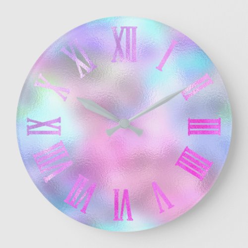 Pink Rose Fuchsia Blue Glitter Roman Numbers Large Clock