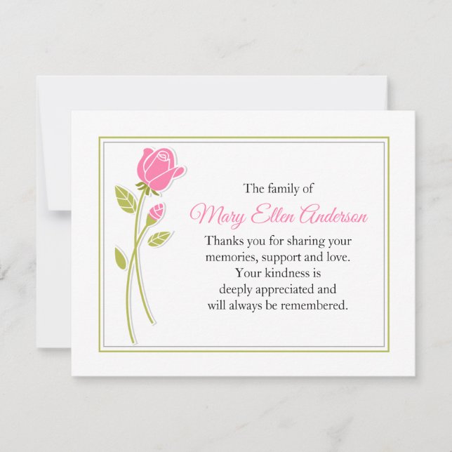 Pink Rose Funeral Note Card Flat Bereavement Note (Front)