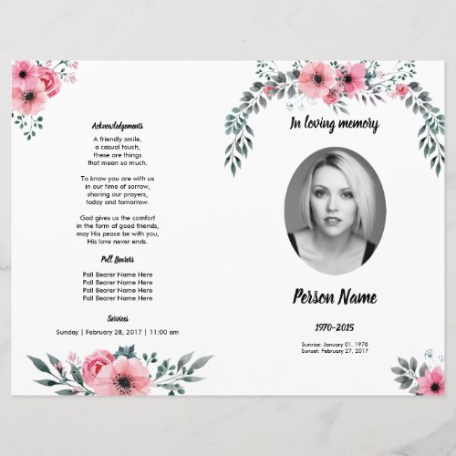 PINK ROSE  Funeral Program Template