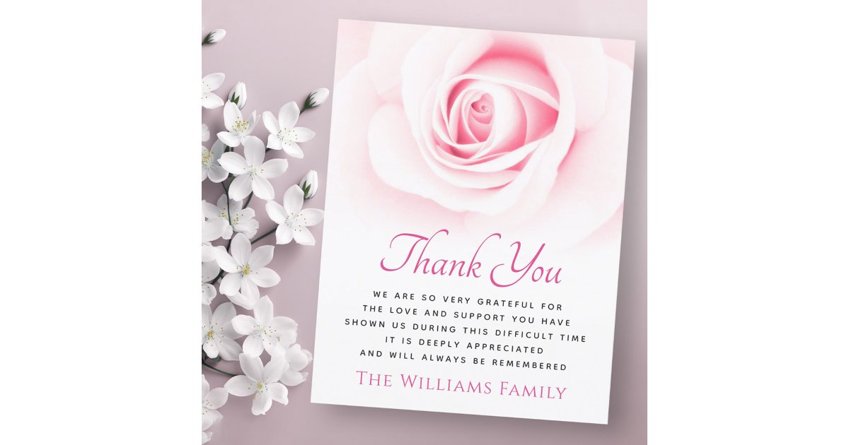 Pink rose funeral sympathy thank you card | Zazzle