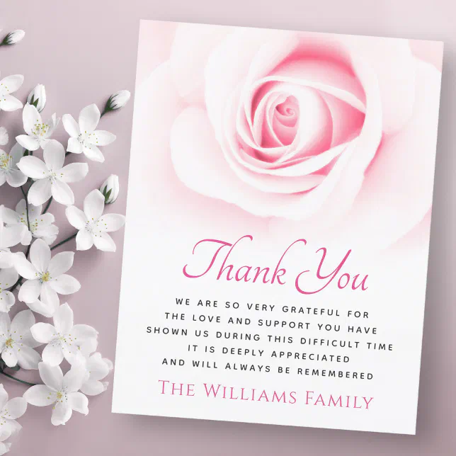 Pink rose funeral sympathy thank you card | Zazzle