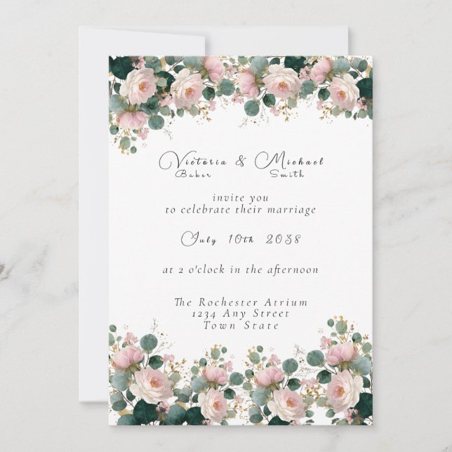 Pink Rose Garden Eucalyptus Wedding Invitation (Front)