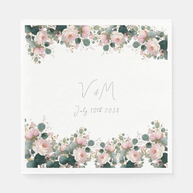 Pink Rose Garden Eucalyptus Wedding Napkins (Front)