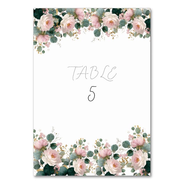 Pink Rose Garden Eucalyptus Wedding Table Number (Front)