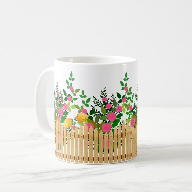 Pink Rose Garden Fence – Elegant Floral Art  Coffee Mug (Front Left)