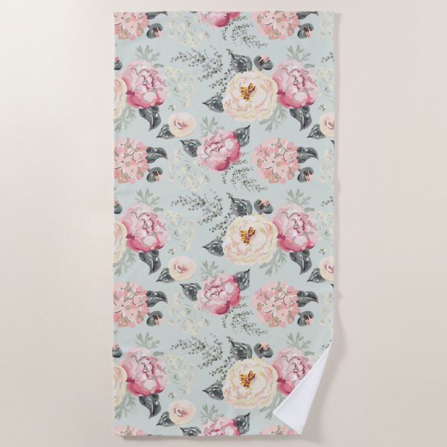 Pink Rose Garden Flower Pattern Beach Towel (Front)