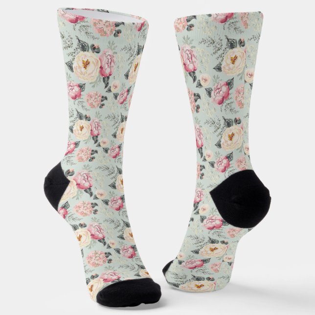Pink Rose Garden Flower Pattern Socks (Angled)