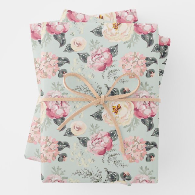 Pink Rose Garden Flower Pattern Wrapping Paper Sheets (In situ)