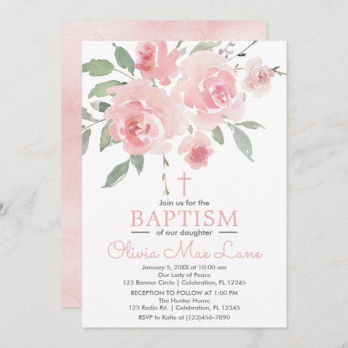 Pink Rose Garden Girl Baptism Invitation