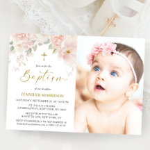 Pink Rose Garden Girl Baptism Photo Invitation