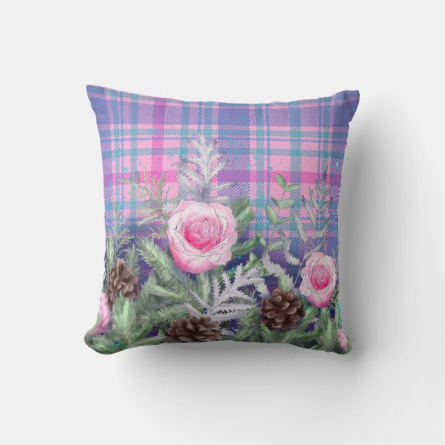 Pink Rose Garden Pine Cones Classic Plaid Pattern Throw Pillow (Front)