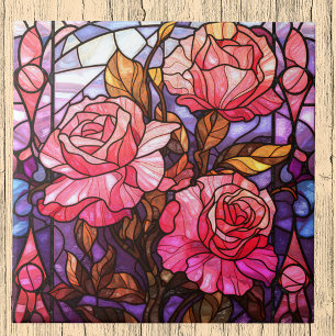 Pink Rose Garden Stained Glass Look Ceramic Tile
