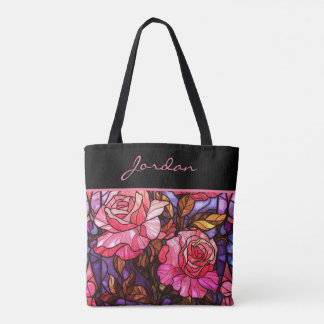 Pink Rose Garden Stained Glass Look Monogram Tote Bag