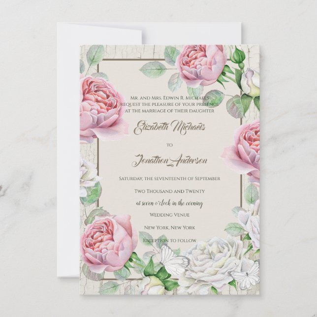 Pink Rose Garden Wedding Invitation (Front)
