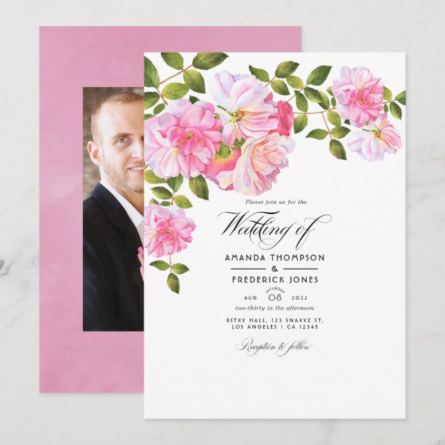 Pink Rose Garden Wedding Photo Invitation (Front/Back)
