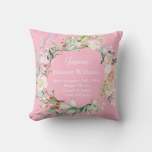 Pink Rose Garland Personalized Baby Birth Stats  Throw Pillow (Front)