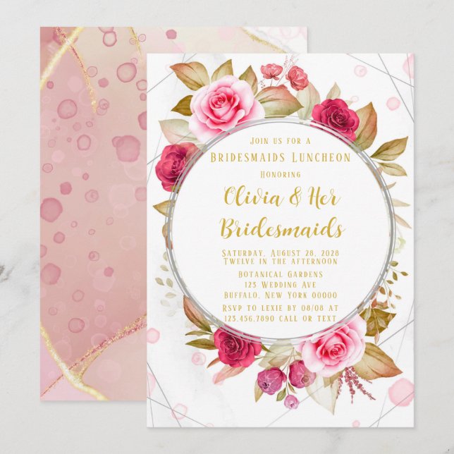 Pink Rose Geometric Alcohol Ink Bridesmaids Lunch Invitation (Front/Back)