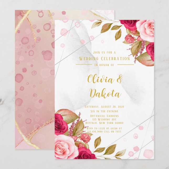 Pink Rose Geometric Alcohol Ink Elegant Wedding Invitation (Front/Back)