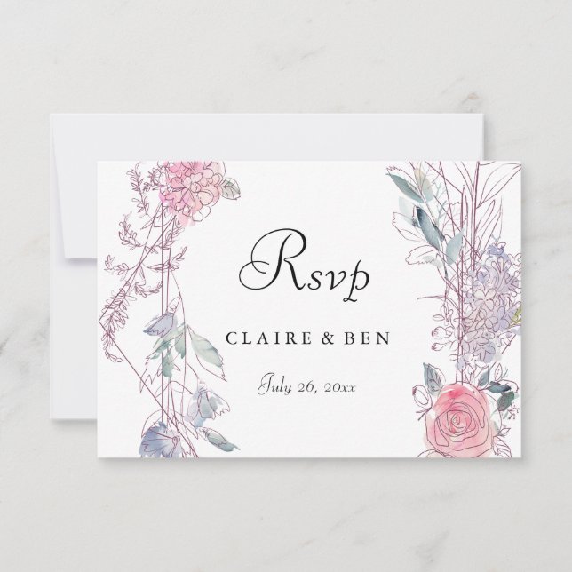 Pink Rose Geometric Floral Wreath Wedding RSVP Card (Front)