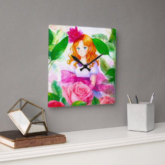 Pink Rose Girl Square Wall Clock