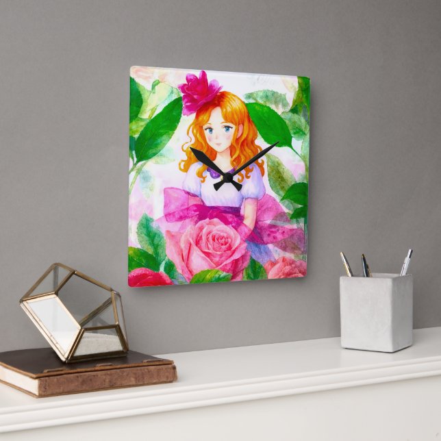 Pink Rose Girl Square Wall Clock (Office)