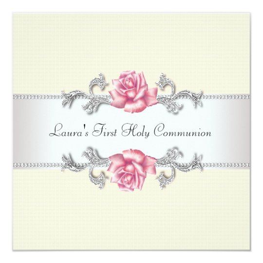 Pink Rose Girls First Communion Card
