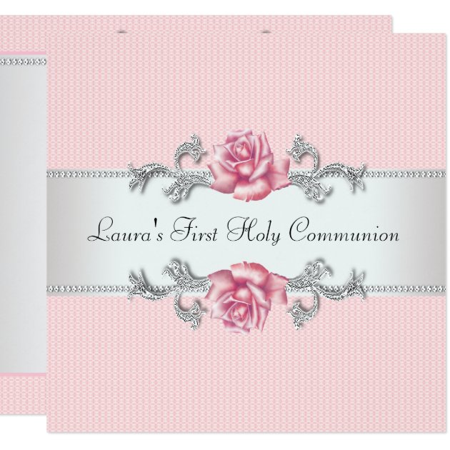 Pink Rose Girls First Communion Invitation