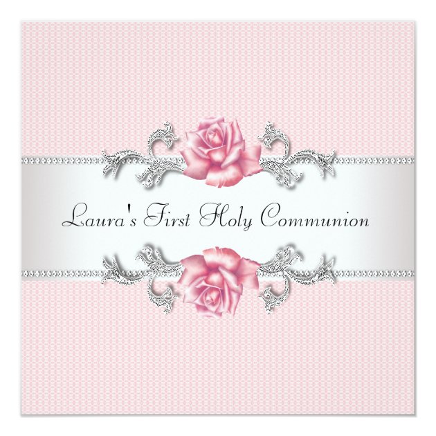 Pink Rose Girls First Communion Invitation