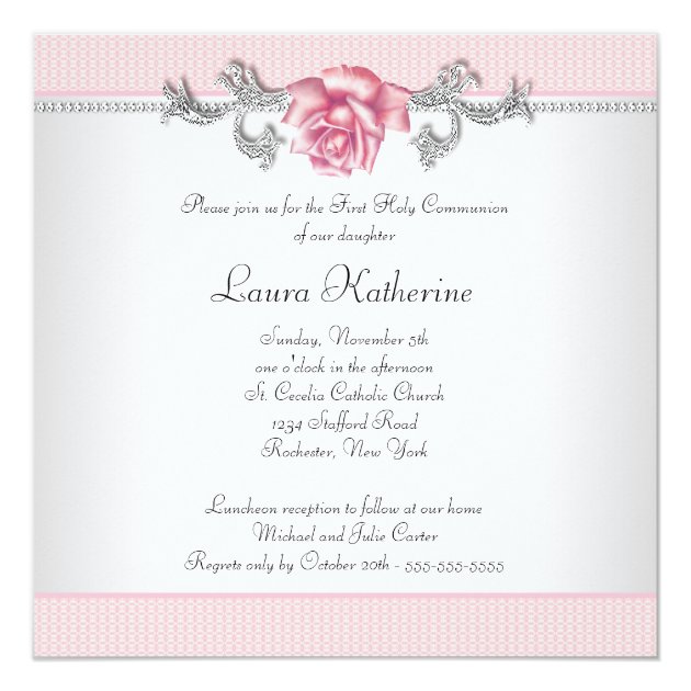 Pink Rose Girls First Communion Invitation