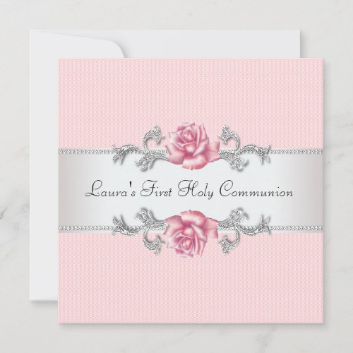 Pink Rose Girls First Communion Invitations