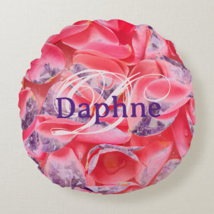 Pink Rose Girly Floral Modern Monogram Name  Round Pillow