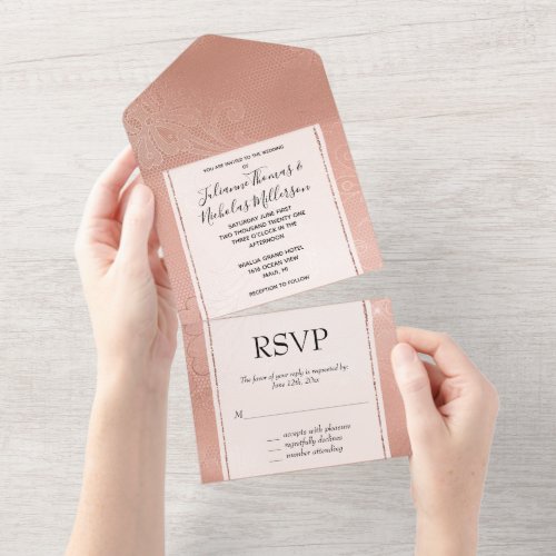 Pink Rose Glam Lace Wedding All In One Invitation