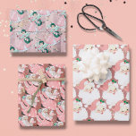 pink   rose gld vintage santa claus christmas gift wrapping paper sheets<br><div class="desc">three sheets of holiday wrapping paper adorned in unique vintage and adorable graphics of santa winking alone, saint nick and mrs claus dancing, and a chic 1950's era pin up girl, her arms full of holiday gifts, in seamless pattern print format. each of the three sheets includes a different colorful...</div>