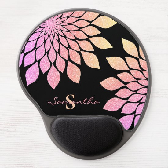 Pink Rose Glitter Black Floral Monogram Gel Mouse Pad