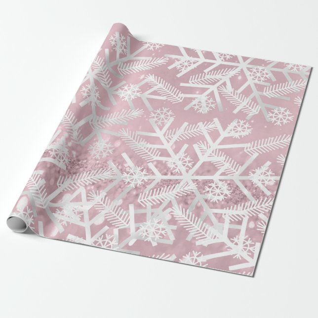 Pink Rose Glitter Christmas Holidays Snowflake Joy Wrapping Paper (Unrolled)