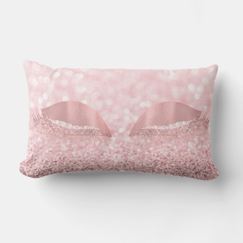 Pink Rose Glitter Crystals White  Makeup Lashes Lumbar Pillow