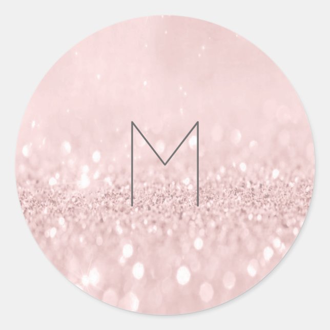 Pink Rose Glitter Gray Grey Round Monogram Classic Round Sticker (Front)