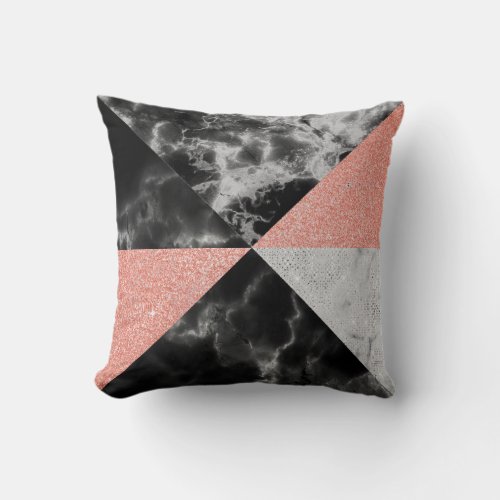 Pink Rose Glitter Gray Triangles Geometric Marble Throw Pillow