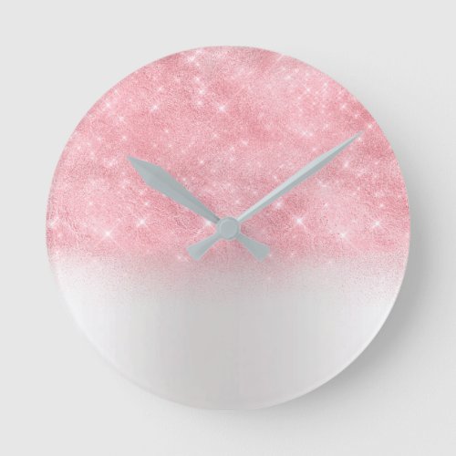 Pink Rose Glitter Metal Gray Silver Sparkly Abstra Round Clock