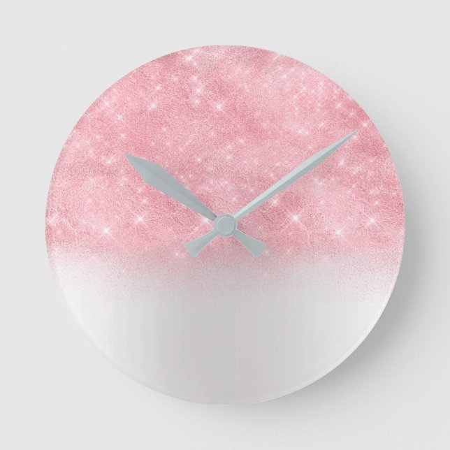 Pink Rose Glitter Metal Gray Silver Sparkly Abstra Round Clock (Front)