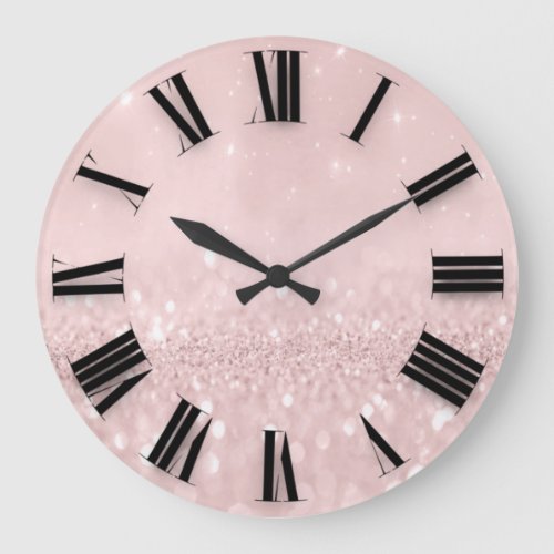 Pink Rose  Glitter Minimal Roman Numbers Large Clock