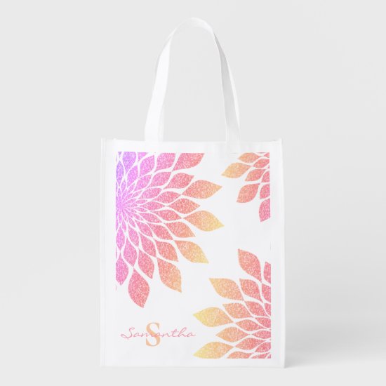Pink Rose Glitter Orange Floral Monogram Grocery Bag