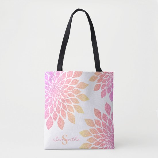 Pink Rose Glitter Orange Floral Monogram Tote Bag