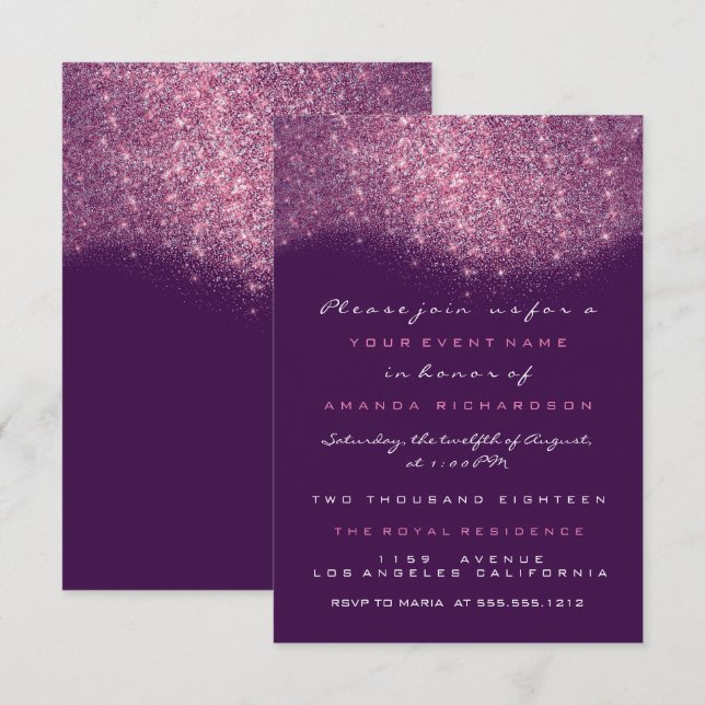Pink Rose Glitter Purple Violet Formal Invitation (Front/Back)