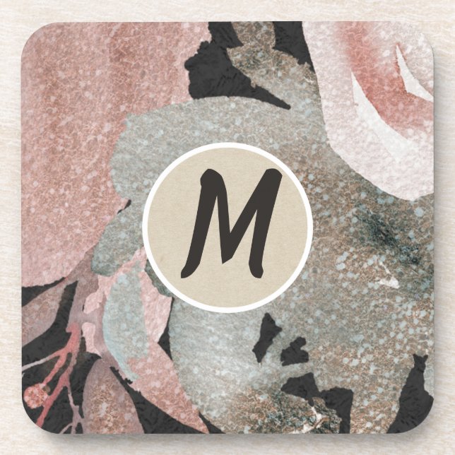 Pink Rose Glitter Roses Dark Floral Glam Elegant Drink Coaster (Front)