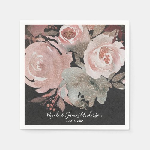 Pink Rose Glitter Roses Dark Floral Glam Elegant Napkins